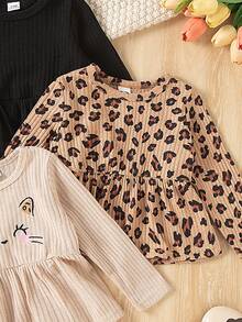 SHEIN paquete de 3 blusas de manga larga con cuello redondo, bajo con volantes, bordado de gato, estampado leopardo y unicolor, de tela cómoda de punto acanalado, para niñas bebé, adecuado para primavera y otoño, uso diario y exterior - Multicolor - Ver 5
