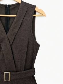 GlowEve 女士休闲无袖V领人字纹面料连体裤，适合居家穿着，秋冬季 - 棕色 - 查看 4