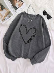 EMERY ROSE Ladies' Grey Sweatshirt, Long Sleeve, Round Neck, Loose And Comfortable, Autumn And Winter Embroidered Style. - Grey - View 6