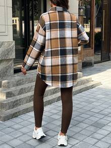 SHEIN Maternity Solid Ribbed Tank Jumpsuit + Plaid Shirt Jacket Two Pieces Set, Spring/Autumn - Brown - View 2