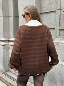 SHEIN EZwear Sweater Wanita Ukuran Besar Kasual Longgar Leher V Bergaris/Musim Dingin - MultiWarna - View 2