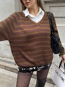 SHEIN EZwear Sweater Wanita Ukuran Besar Kasual Longgar Leher V Bergaris/Musim Dingin - MultiWarna - View 7