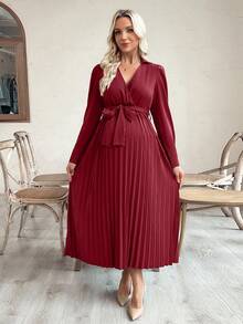 SHEIN Cross V-Neck Long Sleeve Pleated Swing Dress - Burgundy - View 5