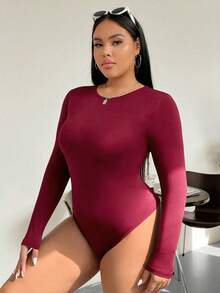 SHEIN EZwear 大码女式红色圆领长袖休闲T恤连体衣 - 紅色 - 查看 4