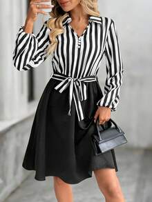 SHEIN LUNE Women's Black And White Striped Patchwork Long Sleeve Waist Cinched Dress,Autumn Elegant Office Outfits,Business Casual Dress Shirt Fall Clothes - Multicolor - View 2