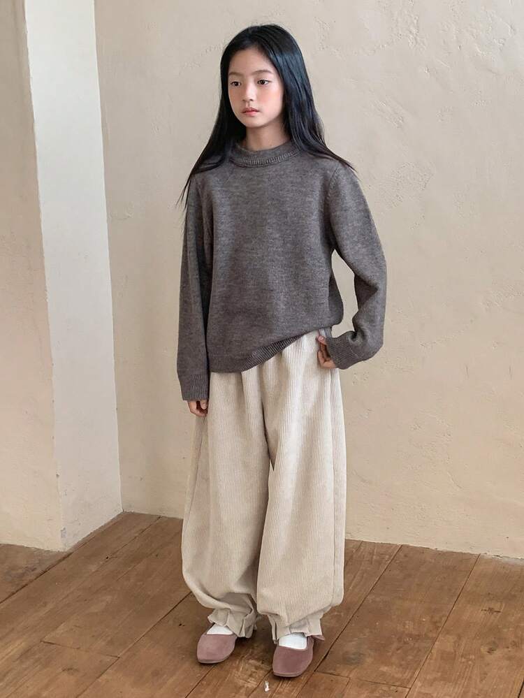 Tween Girls Elastic Waist Corduroy Loose Flared Hem Pants