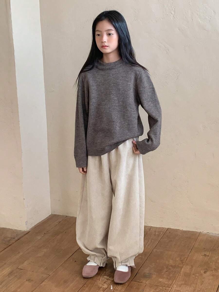 DAZY Quần nhung kẻ cạp chun rộng rãi, loe gấu cho bé gái tuổi mới lớn - Màu be - Xem 1