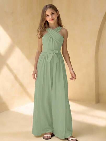 Tween Girls' Round Neck Sleeveless Waist Splicing Pleated Elegant Party Jumpsuit