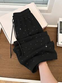 GlowEve Long Black Knitted Straight Leg And Fleece Sweatpants Rhinestone Sweatpants For Women Casual Style - Black - View 3