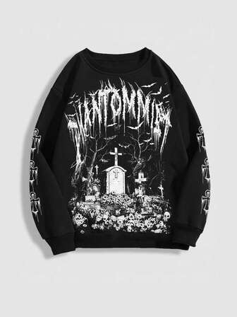 Gothic Cross & Tombstone Print Pullover Sweatshirt Sweatshirt, Dark Horror Vibe