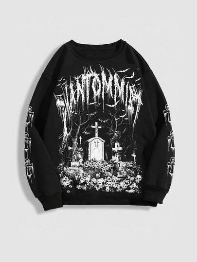 Gothic Cross & Tombstone Print Pullover Sweatshirt Sweatshirt, Dark Horror Vibe