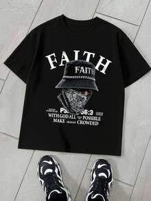 Manfinity Dauomo Men's Slogan & Figure Print Round Neck Short Sleeve Casual T-Shirt - Black - View 1