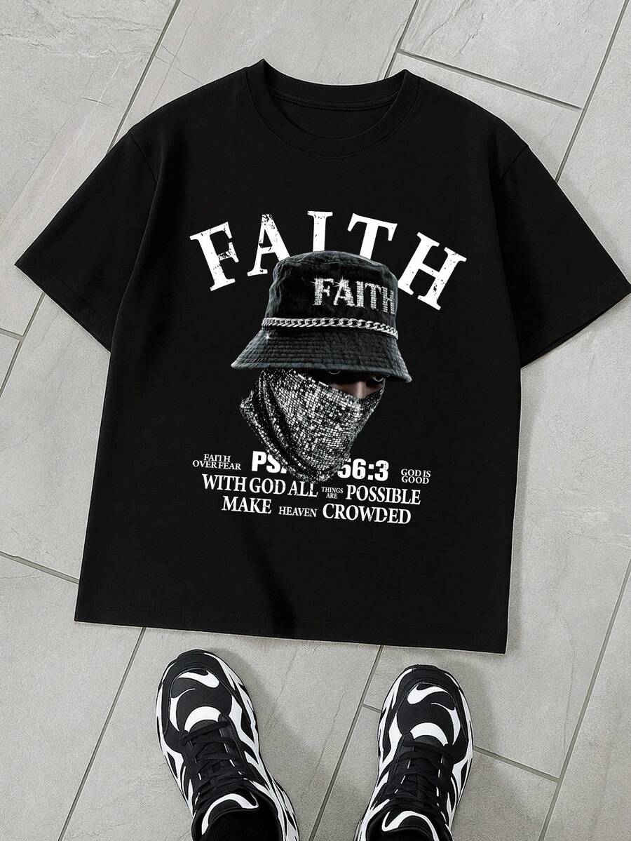 Manfinity Dauomo Men's Slogan & Figure Print Round Neck Short Sleeve Casual T-Shirt - Black - View 1