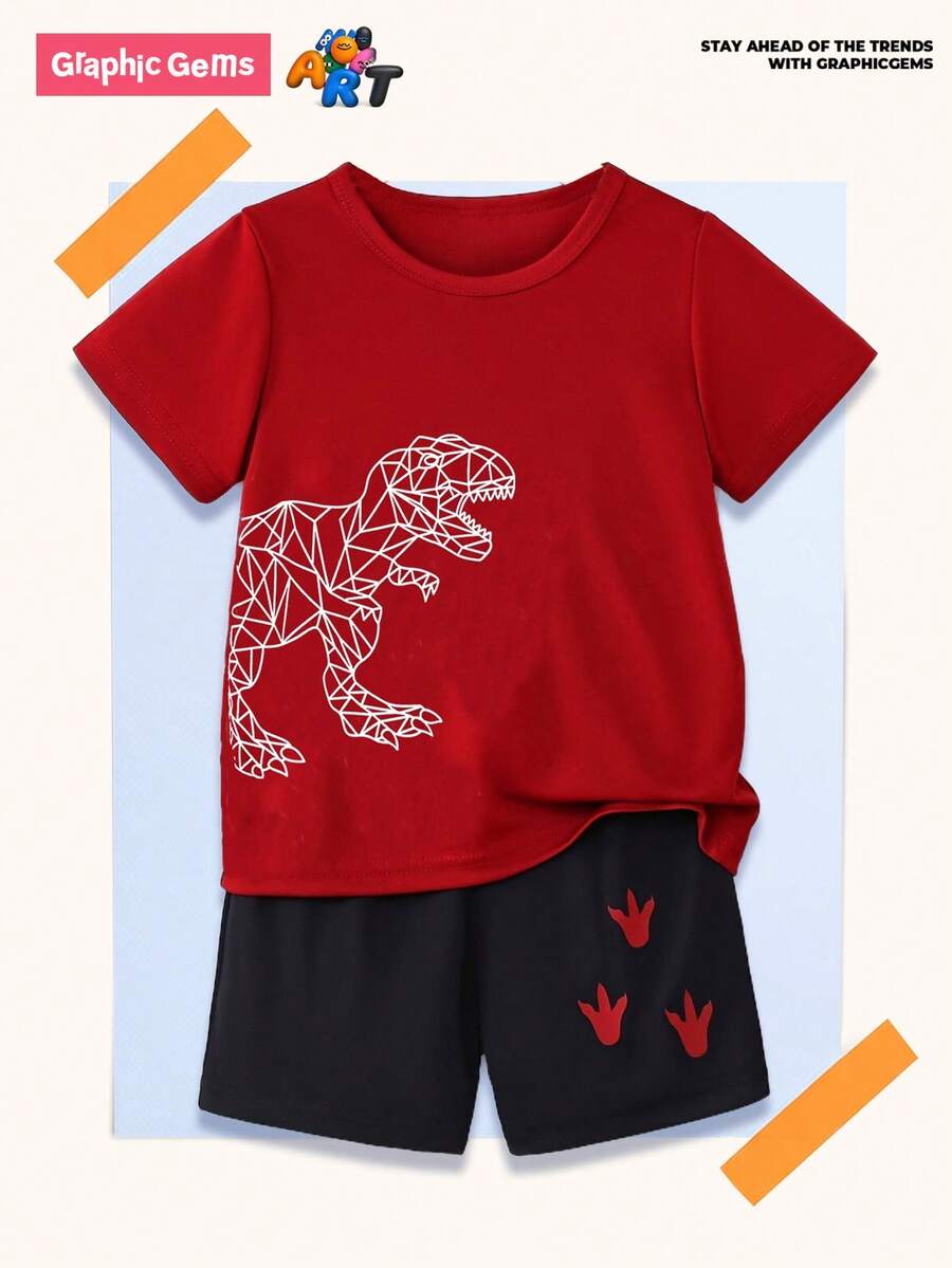 GraphicGems 男婴休闲时尚创意卡通可爱恐龙脚印印花基础款圆领T恤和短裤套装 男婴霸王龙图案T恤 恐龙男婴套装 红色T恤 男婴印花T恤 - 彩色 - 查看 1