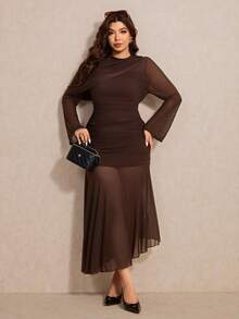 Elaquor Plus Size Women Solid Color Round Neck Long Sleeve Pleated Fitted Elegant Dress, Brown Dresses For Women, Elegant Dress For Women - Coffee Brown - View 5
