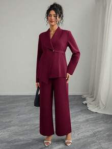 Momance 女士优雅翻领V领长袖独特腰带系带高端运动夹克搭配直筒阔腿裤孕妇两件套 - 酒紅色 - 查看 4