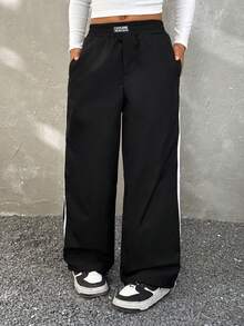 Coolane Kids Tween Girls Colorblock Casual Pants,Elastic Waist Loose Fit Streetwear For School Back-To-School,Black Autumn Chic Athleisure Daily Wear Essentials - Black - View 1