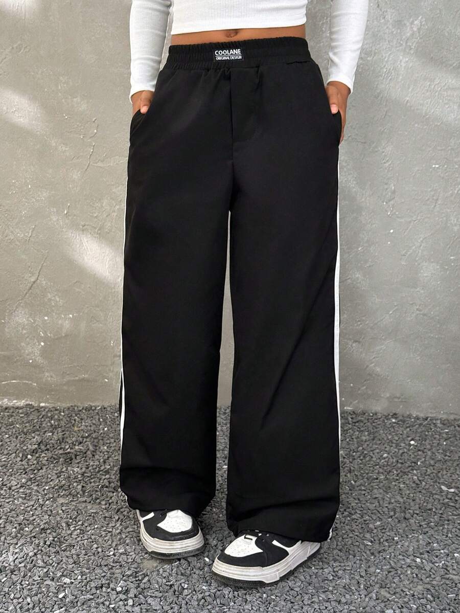 Coolane Kids Tween Girls Colorblock Casual Pants,Elastic Waist Loose Fit Streetwear For School Back-To-School,Black Autumn Chic Athleisure Daily Wear Essentials - Black - View 1