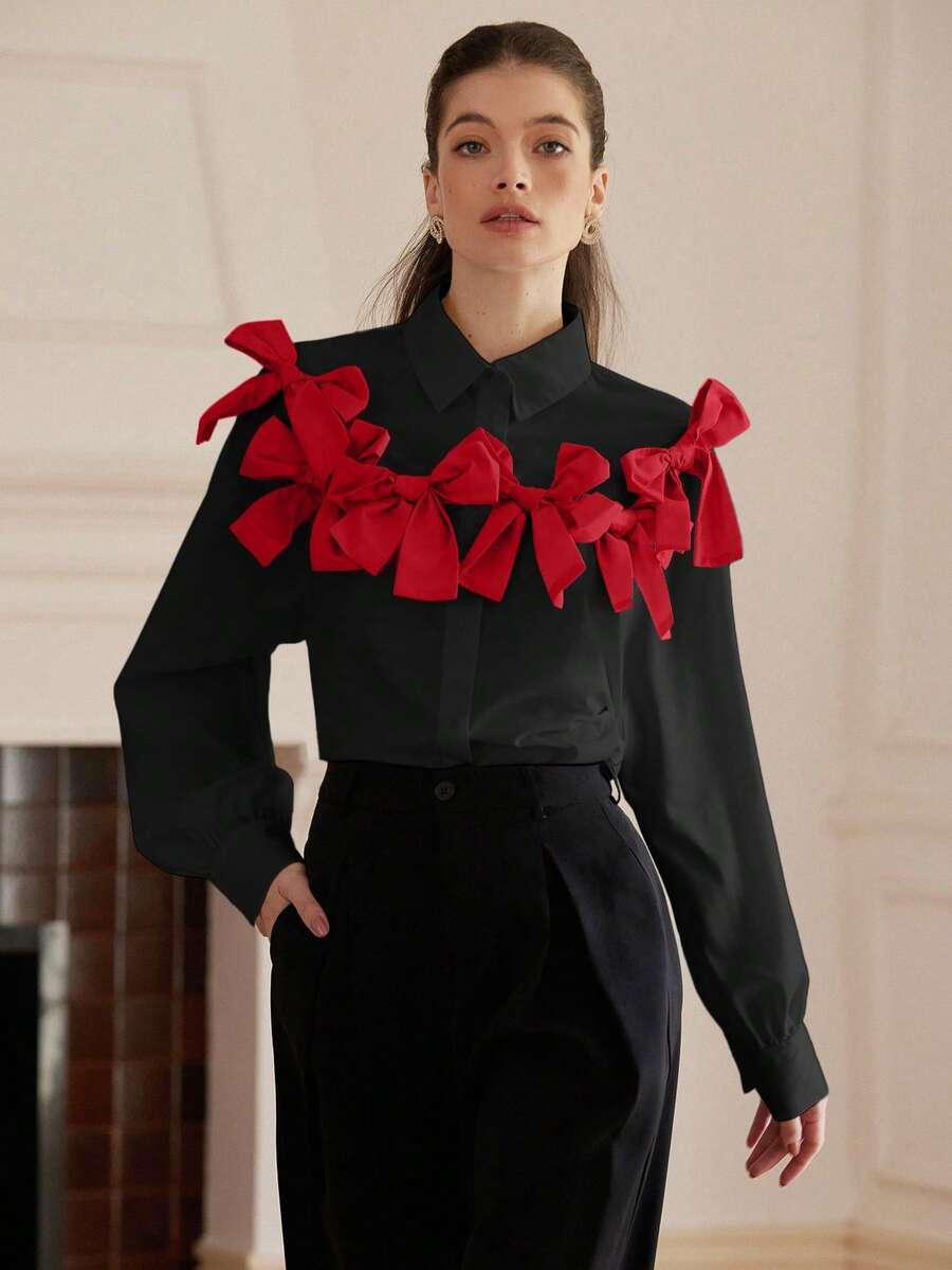 Aveloria 法式风格甜美浪漫双色 3D 蝴蝶结装饰女童长袖衬衫女士秋季衬衫，节日派对服装可爱有趣的纽扣衬衫女士