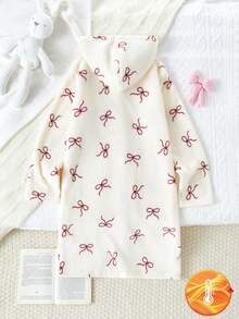 Girls' Cute Burgundy Bow Hooded Mid-Length Robe Sleepwear, Autumn/Winter Pajamas Dress  Tween Girls Pajamas-Hooded Nightgown Soft Fleece Red Bow Print White Hooded Long Sleeve Knee Length Warm Sleepwear Fall Winter Loungewear 2026 New Year Essential - Apricot - View 2