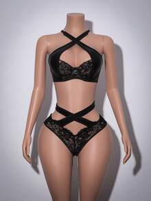 两件套性感黑色蕾丝拼接交叉内衣套装 - 黑色 - 查看 6