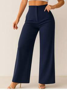 Pantalón stretch de vestir tiro alto con detalle de pinzas acampanado para dama - Azul Marino - Ver 1