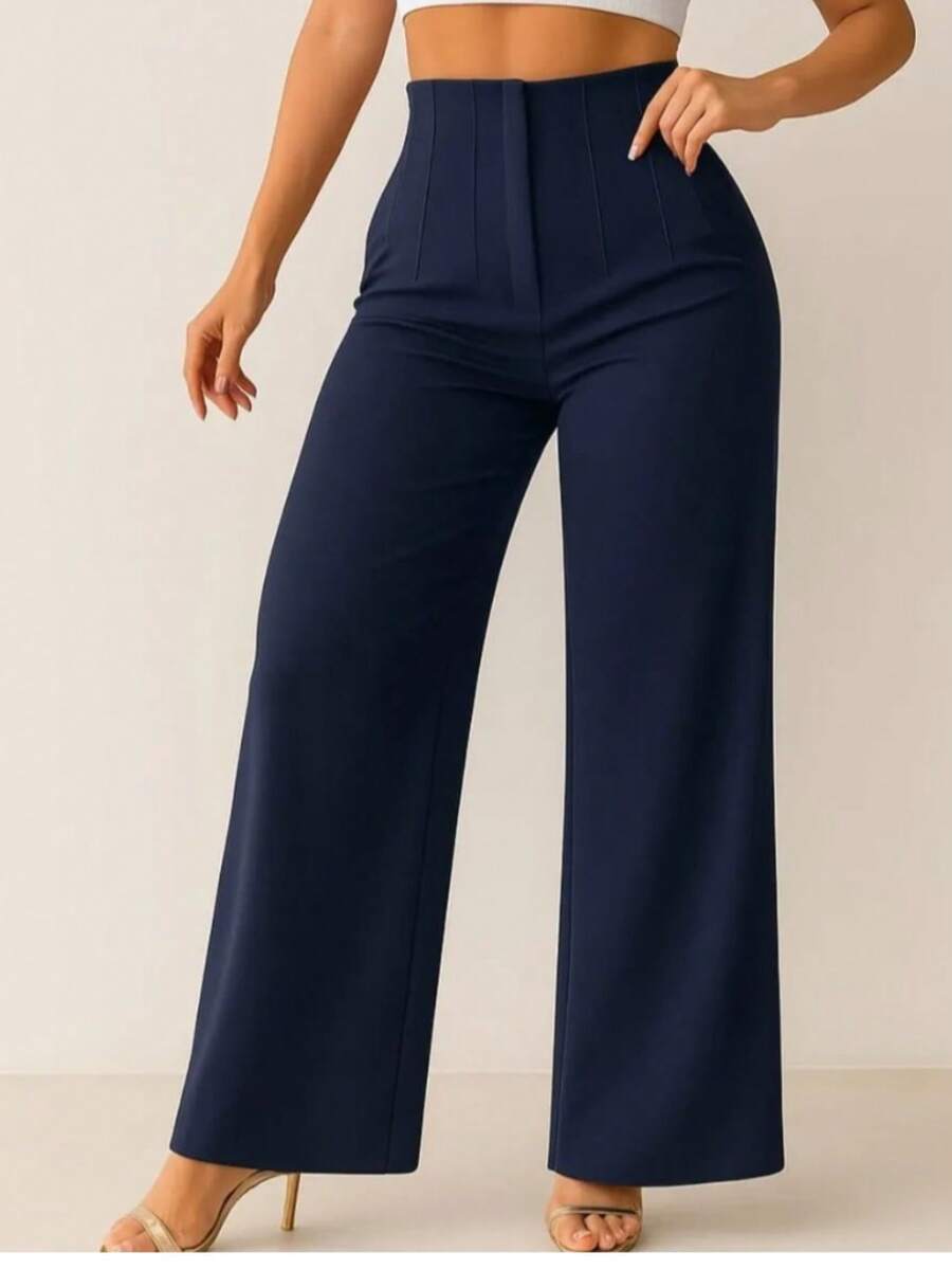 Pantalón stretch de vestir tiro alto con detalle de pinzas acampanado para dama - Azul Marino - Ver 1