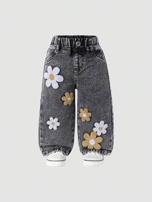 SHEIN Quần ống loe thêu họa tiết bông tuyết thời trang cho bé gái sơ sinh - Xám - Xem 7