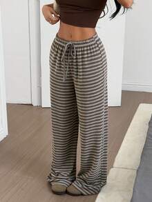 SHEIN EZwear 女士休闲条纹系带阔腿裤 - 咖啡棕 - 查看 4