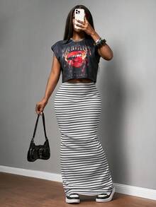 Slaydiva New Spring/Summer Casual Street Style Loose Sleeveless Cropped T-Shirt With Lip Print + High-Waisted Black And White Striped Skirt Women Two Pieces Set.Suitable For Valentine's Day , Dates, Party, Gatherings, Holidays, Vacation,Nomadic Style, Beach, Seaside,Concerts, Everyday Outings, New Year's, Revelry, Brunch Outfits, Hot Girl, Wedding Guest Outfits, Wedding Season-A - Multicolor - View 1