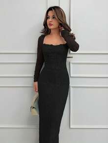 Jemour 女式新款夏季派对约会晚会性感S型蕾丝长袖胸罩鱼骨方领紧身黑色长裙 - 黑色 - 查看 4