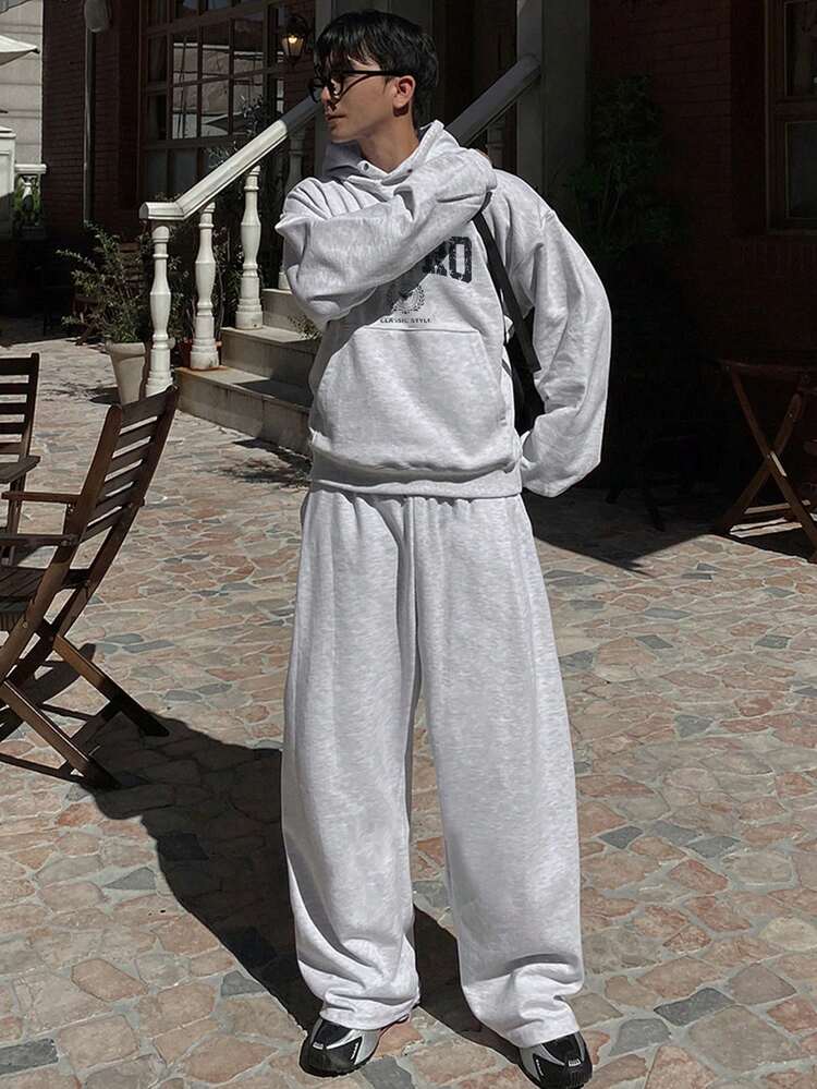 Men's Letter Print Thermal Lined Hoodie Set, Grey, Autumn/Winter