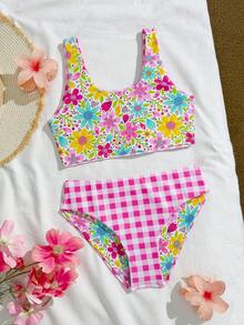 Young Girl' Cute Floral & Plaid Print 2 Pieces Swimsuit Pink Swimsuit Kid Flower Swimsuits Kids 2 Piece Reversible Swimsuit Kids Bikini Set Kids 2 Pc Bathing Suits Girl - Multicolor - View 9