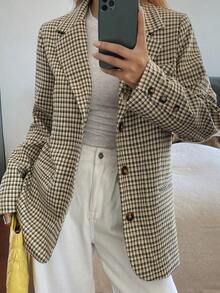 DAZY 女士休闲/办公通勤学院风印花翻领轻薄西装外套，春秋季 - 卡其色 - 查看 3