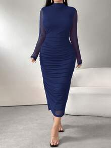 Modelyn 大码女式黑色网纱长袖高领褶皱设计优雅晚礼服，秋冬款 - 寶藍色 - 查看 6