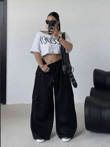 POPSWAY 大码女式纯色抽绳腰阔腿抓绒运动裤 - 黑色 - 查看 6