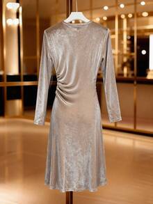 GlowEve Women's Apricot Solid Velvet Elegant Pleated Dress, Suitable For Autumn/Winter Party, Halloween, Christmas, Holiday Events, Date, Valentine's Day - Apricot - View 2