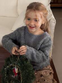 DAZY Young Girl Round Neck Fuzzy 2 In 1 Korean Casual Sweater, Autumn/Winter - Grey - View 1