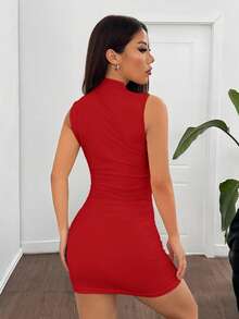 SHEIN EZwear 女士新款纯色立领迷你连衣裙 - 紅色 - 查看 2