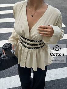 Siren Gaze 女式深V领收腰铆钉装饰长袖衬衫 - 杏色 - 查看 5