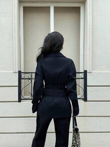 Siren Gaze 秋季优雅别致收腰衬衫，女士纯色落肩长袖前扣休闲衬衫，适合工作、办公室通勤、外出、商务休闲、日常、教师返校、派对等场合穿着，2025秋冬新款必备黑色衬衫，女士黑色工作上衣，黑色荷叶边衬衫，黑色西部风上衣，蓝色春季 - 藏蓝色 - 查看 3