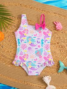 Baby GirlDreamy Mermaid One-Piece Swimsuit With Ruffled One Shoulder Strap 2 Year Old Girl Swimsuit Baby Girl Swimwear Girl Swimsuit Mermaid Cute Girl Swimsuit Mermaid Swimsuit Girl Swimming Costume For Girl 2 Years Old Girl Swimsuit Baby Girl Swimwear, Beach Swimwear For Baby Girl, Summer Vacation, Pool Party - Multicolor - View 4