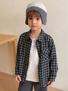 DAZY 男童格子落肩长袖单排扣工装口袋衬衫 - 灰色 - 查看 3