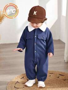 Baby Boys Thermal Lined Jumpsuit, Thickened Warm Turtleneck Long Sleeve Outfit, Comfortable Versatile Casual Cute Simple Basic Style, Suitable For Indoor, Outdoor, Daily Wear, Sports, Play, Party, Photo Shoot, Halloween In Autumn/Winter - Navy Blue - View 6