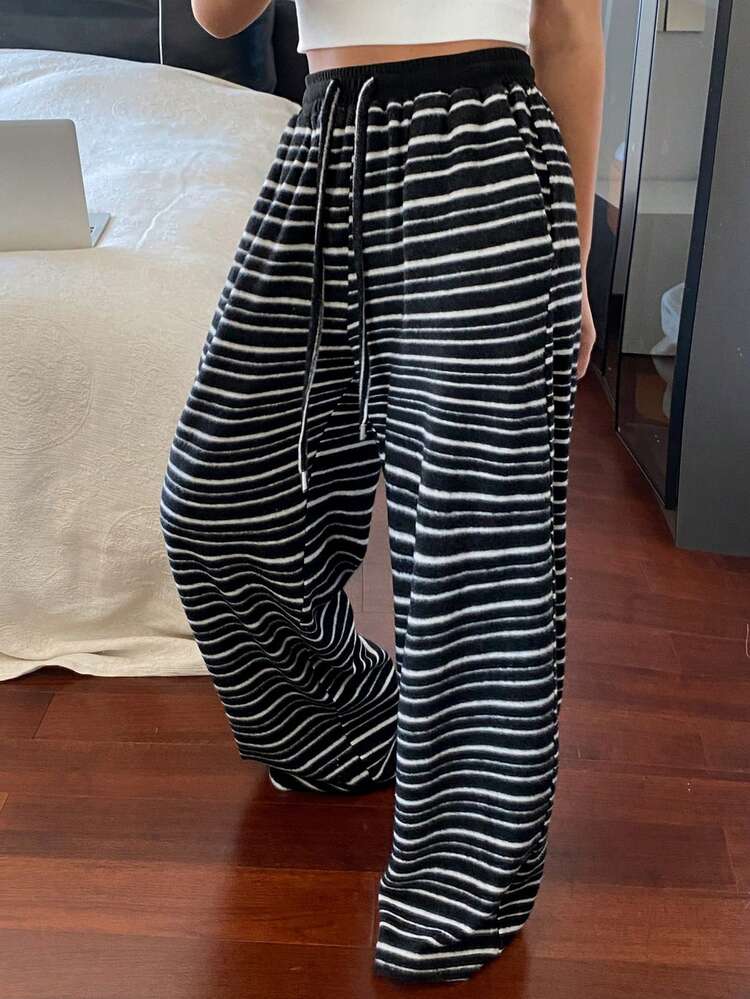 Women's Striped Print Drawstring Waist Loose Fit Thick Warm Wide Leg Lounge Pants, Autumn/Winter