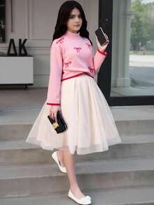 Tween Girl Sweater,Casual Cute Pink Autumn Knitted Short Sweater With Bow Pattern,Soft Comfortable For Wedding Ninang,Daily,Christmas,Back-To-School - Pink - View 1