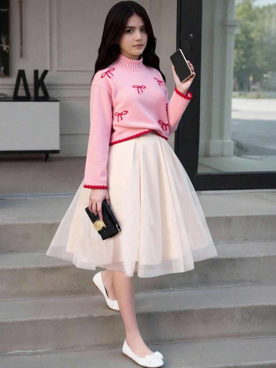 Tween Girl Sweater,Casual Cute Pink Autumn Knitted Short Sweater With Bow Pattern,Soft Comfortable For Wedding Ninang,Daily,Christmas,Back-To-School - Pink - View 1