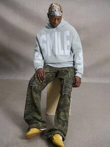 PAVTROS 男士加大码笑脸图案刺绣连帽衫，灰色 - 灰色 - 查看 5