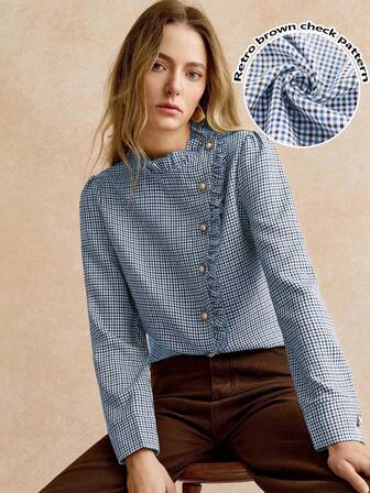 Écloséra Vintage Elegant Commuting Casual Versatile Bow Houndstooth Frill Trim Long Sleeve Women Blouse Shirt, Autumn/Winter