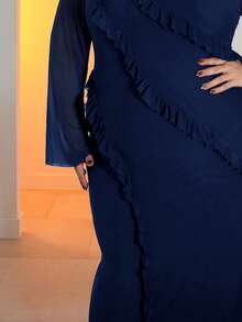 Pretty and Ole 大码女式圆领长袖网眼紧身连衣裙，适合鸡尾酒会、浪漫约会、婚礼、伴娘、晚宴、万圣节、圣诞节、秋冬 - 藏蓝色 - 查看 3